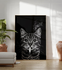 Black and white cat smoking cigarette poster with smoke rising against a dark background, a unique animal art print. - Image 3