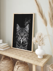 Black and white cat smoking cigarette poster with smoke rising against a dark background, a unique animal art print. - Image 4