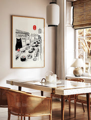Illustrative cat sushi conveyor belt wall art with black cat, white cats, red fish, and Japanese, in a styled room mockup