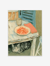 Cat under table with shrimp plate, beige cloth, blue shutter, and coral napkin art print