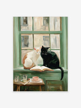 Painterly art print showing a white and a black cat sitting on a green windowsill with an open book, teacup, and glasses.