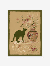Dark green cat looking at a botanical flower vase on a patterned table, illustrative cat wall art print.