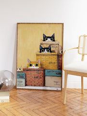 Whimsical Cat Wall Art featuring several black and white and ginger cats peeking from stacked boxes against a yellow background. - Image 2