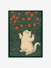 Lucky cat illustration reaching for red fortune coins on a dark green patterned background, in a traditional art style.