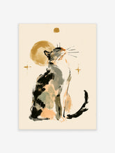 Modern cat art print of a seated grey and black cat looking up at a gold circle and stars