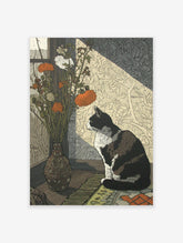 Illustrative Cat Wall Art featuring a black and white cat by a window with a vase of orange and white flowers in sunlight.