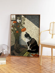 Illustrative Cat Wall Art featuring a black and white cat by a window with a vase of orange and white flowers in sunlight. - Image 2