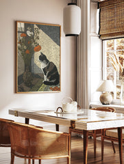 Illustrative Cat Wall Art featuring a black and white cat by a window with a vase of orange and white flowers in sunlight. - Image 3