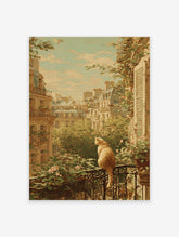 Painterly cat wall art of a ginger cat on a Parisian balcony overlooking buildings, trees, and a cloudy sky.