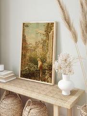 Painterly cat wall art of a ginger cat on a Parisian balcony overlooking buildings, trees, and a cloudy sky. - Image 3