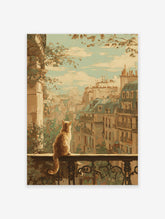 Ginger cat on a Parisian balcony overlooking a city with rooftops and a cloudy sky, painted in an impressionistic style.