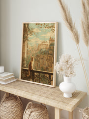 Ginger cat on a Parisian balcony overlooking a city with rooftops and a cloudy sky, painted in an impressionistic style. - Image 3