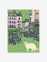 Vintage illustration of a white cat in front of a green Parisian cafe scene with outdoor tables and buildings. Cat wall art.