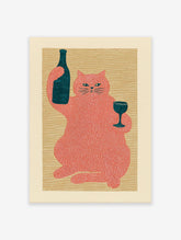 Red cat illustration holding a dark wine bottle and glass on a textured beige background, whimsical cat wall art print