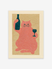 Red cat illustration holding a dark wine bottle and glass on a textured beige background, whimsical cat wall art print