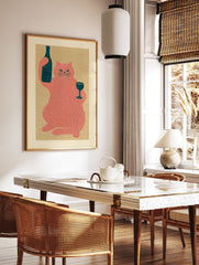 Red cat illustration holding a dark wine bottle and glass on a textured beige background, whimsical cat wall art print - Image 2