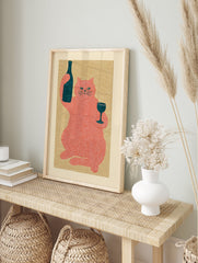 Red cat illustration holding a dark wine bottle and glass on a textured beige background, whimsical cat wall art print - Image 3