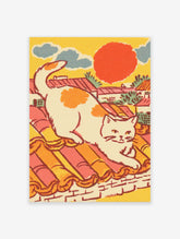 Vintage style illustration of a white cat with orange spots stretching on a terracotta tiled rooftop under a red sun, blue clouds. Cat Wall Art.