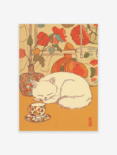 Illustrative Cat Wall Art of a white cat sleeping next to a floral teacup and vases with red flowers.