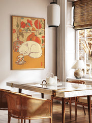 Illustrative Cat Wall Art of a white cat sleeping next to a floral teacup and vases with red flowers. - Image 2