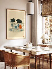 Whimsical cat wall art print featuring a black and white cat sleeping in a blue floral teacup with an orange tea tag. - Image 2