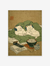 Ukiyo-e style cat wall art featuring two white cats with blue headphones relaxing on green blankets with popcorn and a book.