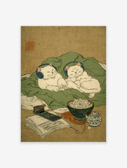 Ukiyo-e style cat wall art featuring two white cats with blue headphones relaxing on green blankets with popcorn and a book.