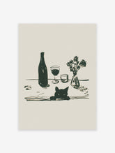 Minimalist black cat wall art illustration with a wine bottle, two glasses, and a small vase of flowers on a table.