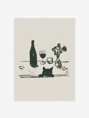 Minimalist black cat wall art illustration with a wine bottle, two glasses, and a small vase of flowers on a table.