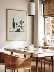 Minimalist black cat wall art illustration with a wine bottle, two glasses, and a small vase of flowers on a table. - Image 2
