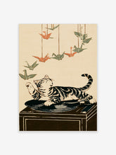 Tabby cat on gramophone reaching for origami cranes, beige background, Japanese style wall art print