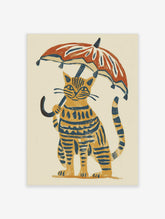 Yellow cat with navy stripes holding red and white umbrella, whimsical illustration on cream background