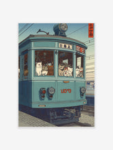 Illustrative print of numerous cats riding a teal-blue Japanese tram with visible Japanese text on the front