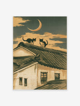 Two cats sitting on a traditional tiled roof under a crescent moon in an illustrative Japanese style art print