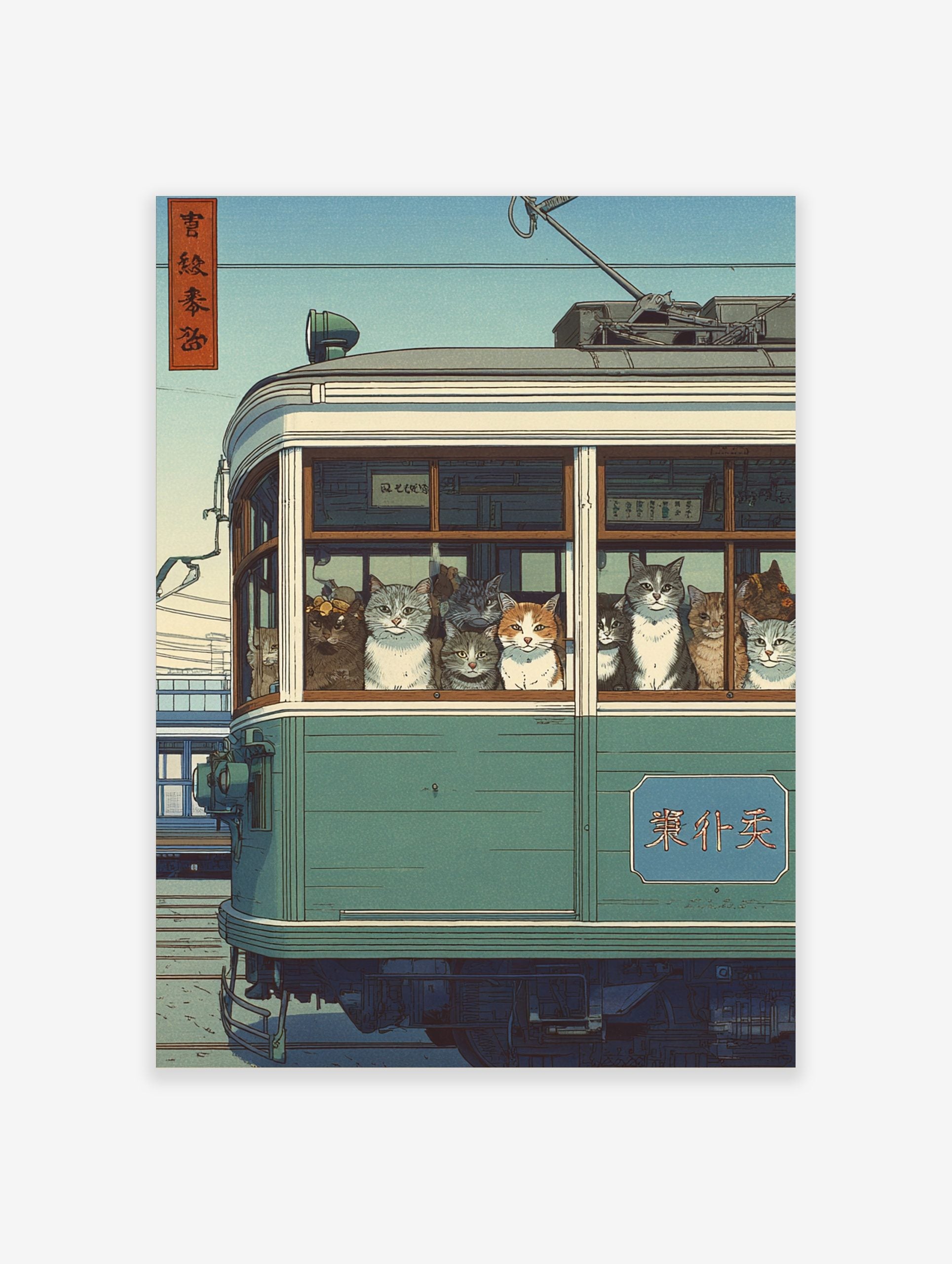 Japanese Ukiyo-e style print of many cats looking out from a green tram window under a blue sky