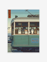 Japanese Ukiyo-e style print of many cats looking out from a green tram window under a blue sky