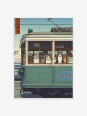 Japanese Ukiyo-e style print of many cats looking out from a green tram window under a blue sky