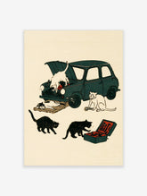 Vintage illustration of cats repairing a dark green car, with toolbox and spanners, on cream background
