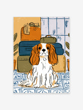 Cavalier King Charles Spaniel sitting before stacked suitcases and blue tiled wall, illustrated poster