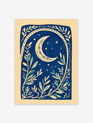 Illustrative deep blue botanical print with a cream crescent moon, stars, and leafy branches