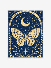 Illustrative celestial butterfly wall art with crescent moon, stars, and ornate border on a deep blue background