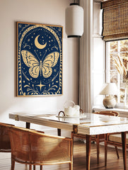 Illustrative celestial butterfly wall art with crescent moon, stars, and ornate border on a deep, in a styled room mockup