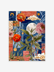 Collage art print with orange and pink flowers, full moon, green leaves, gold clouds, and blue/red textured patterns