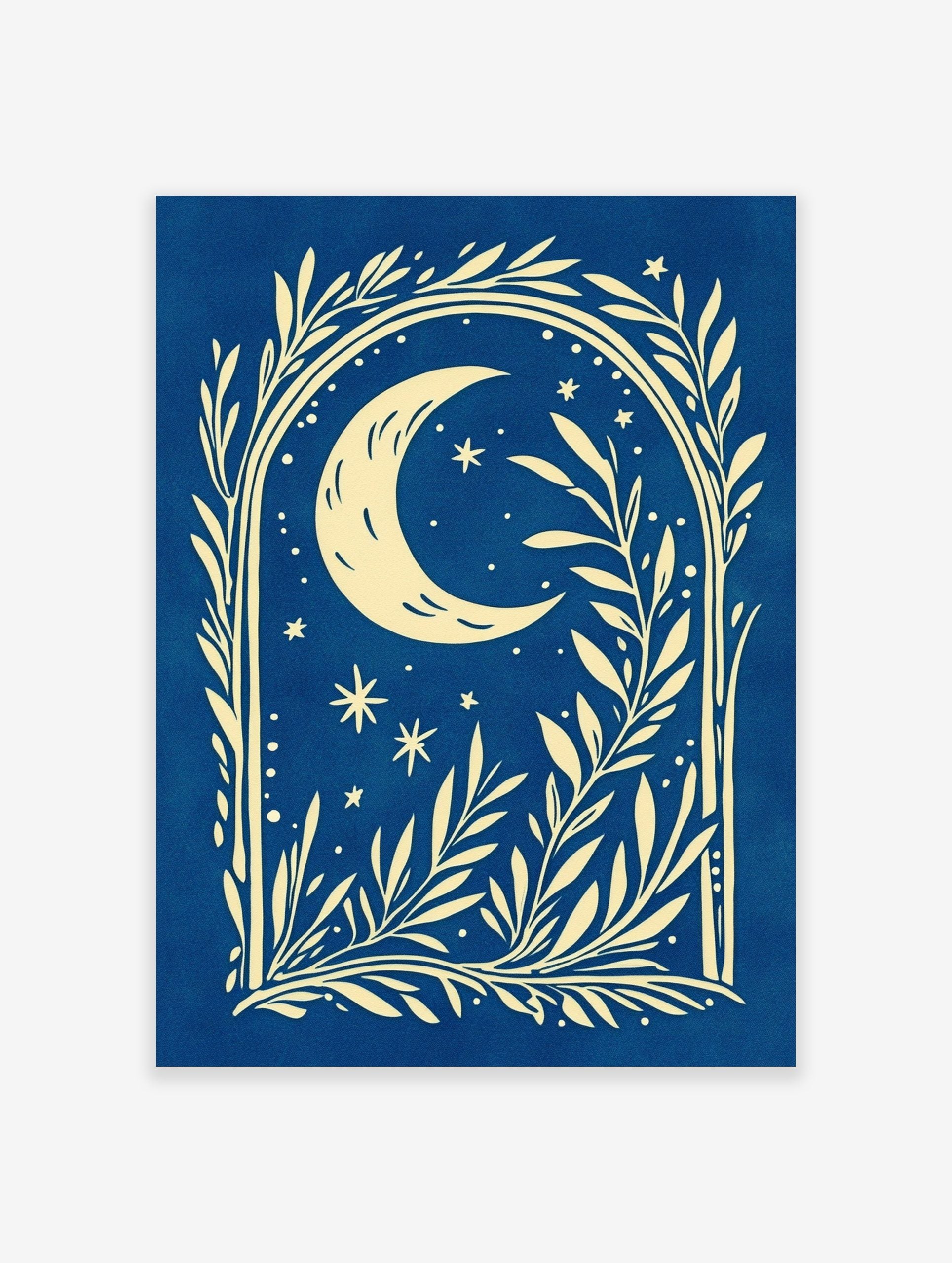 Illustrative cream crescent moon and stars with botanical foliage on a deep blue background, forming an archway