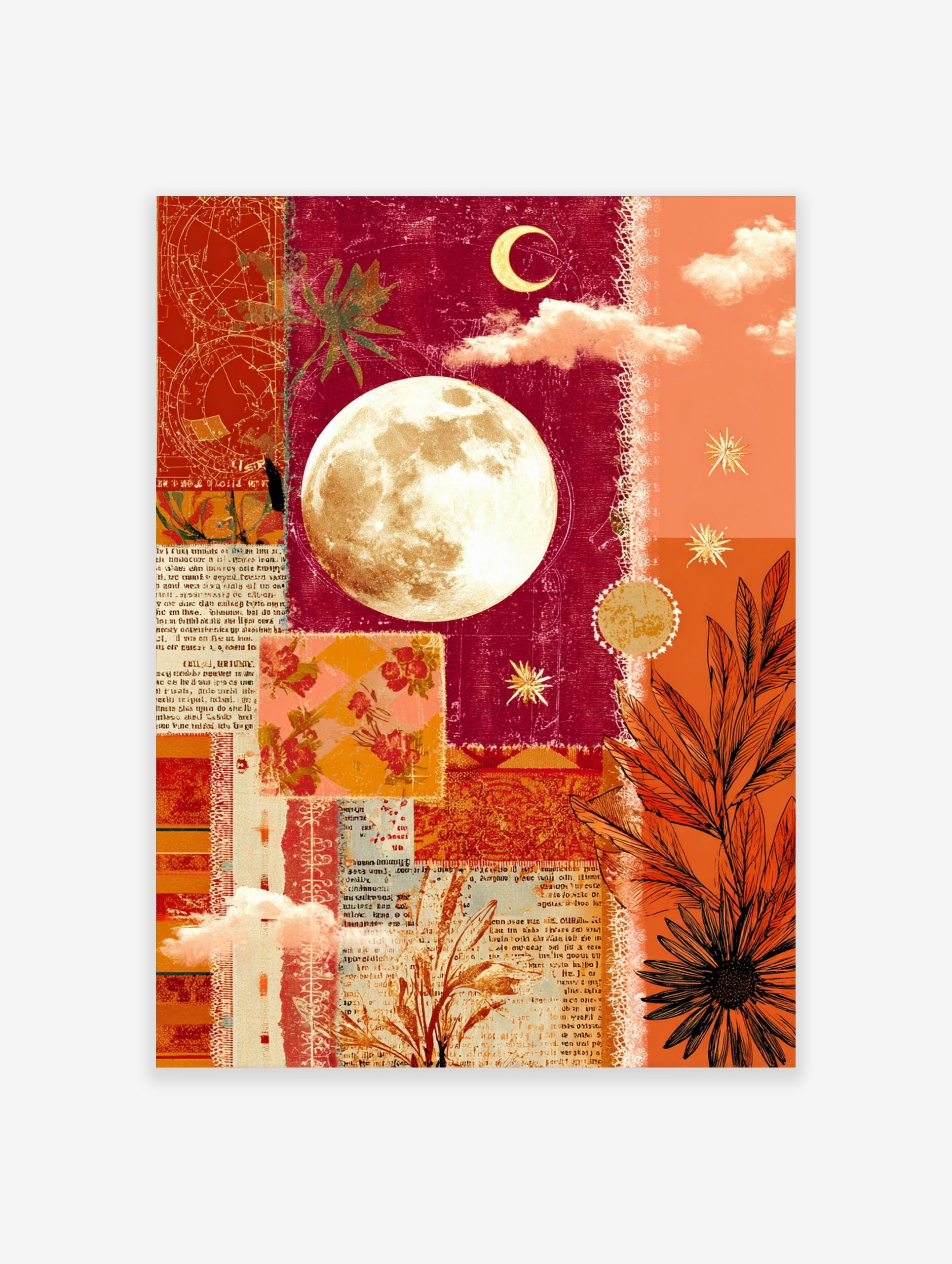 Mixed media collage wall art with a full moon, crescent, stars, and botanical elements in red and gold tones