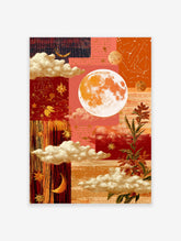 Celestial moon and stars collage art print with golden clouds, constellations, and orange-red textures
