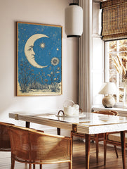 Celestial moon poster with a face, sun star, and flowers against a textured blue night sky with stars. - Image 2