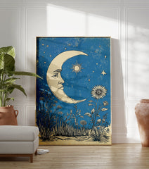 Celestial moon poster with a face, sun star, and flowers against a textured blue night sky with stars. - Image 3
