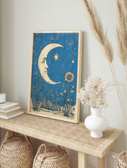 Celestial moon poster with a face, sun star, and flowers against a textured blue night sky with stars. - Image 4