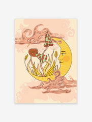 Celestial crescent moon with a face holding whimsical mushrooms and plants, surrounded by stylized clouds